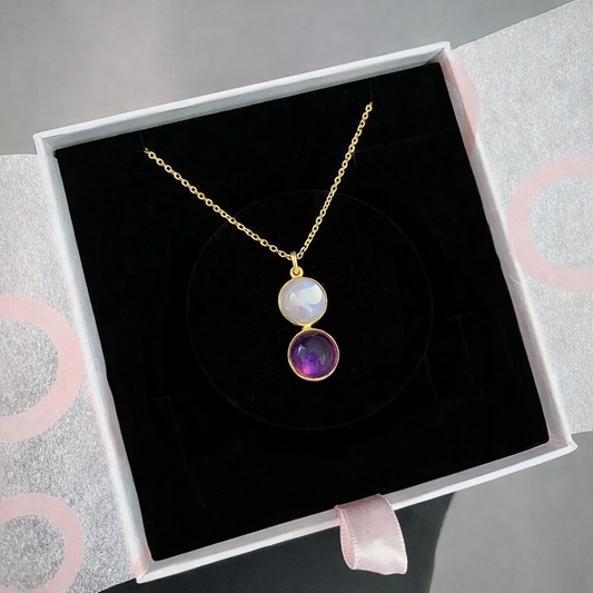 Ay Taşı & Ametist Twin Flame Gold Kolye