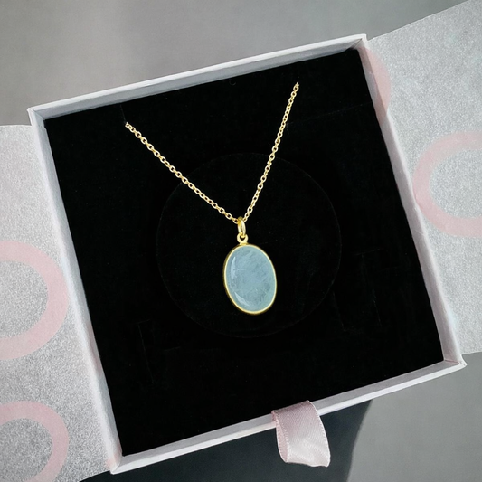 Akuamarin Büyük Oval Gold Kolye