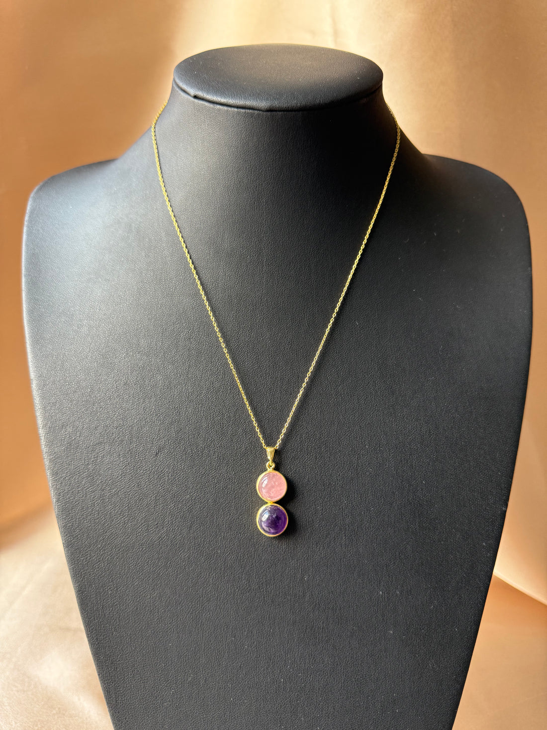 Pembe Kuvars &amp; Ametist Twin Flame Gold Kolye