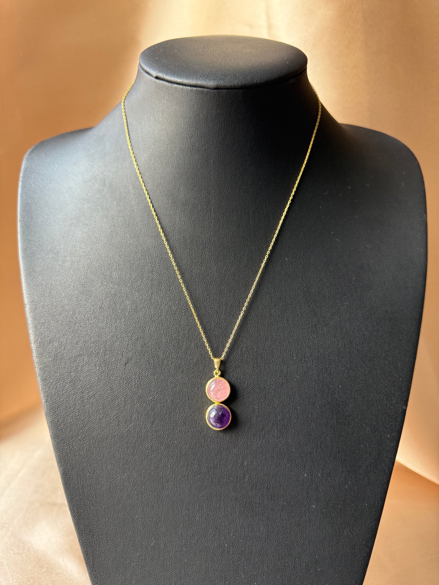 Pembe Kuvars & Ametist Twin Flame Gold Kolye