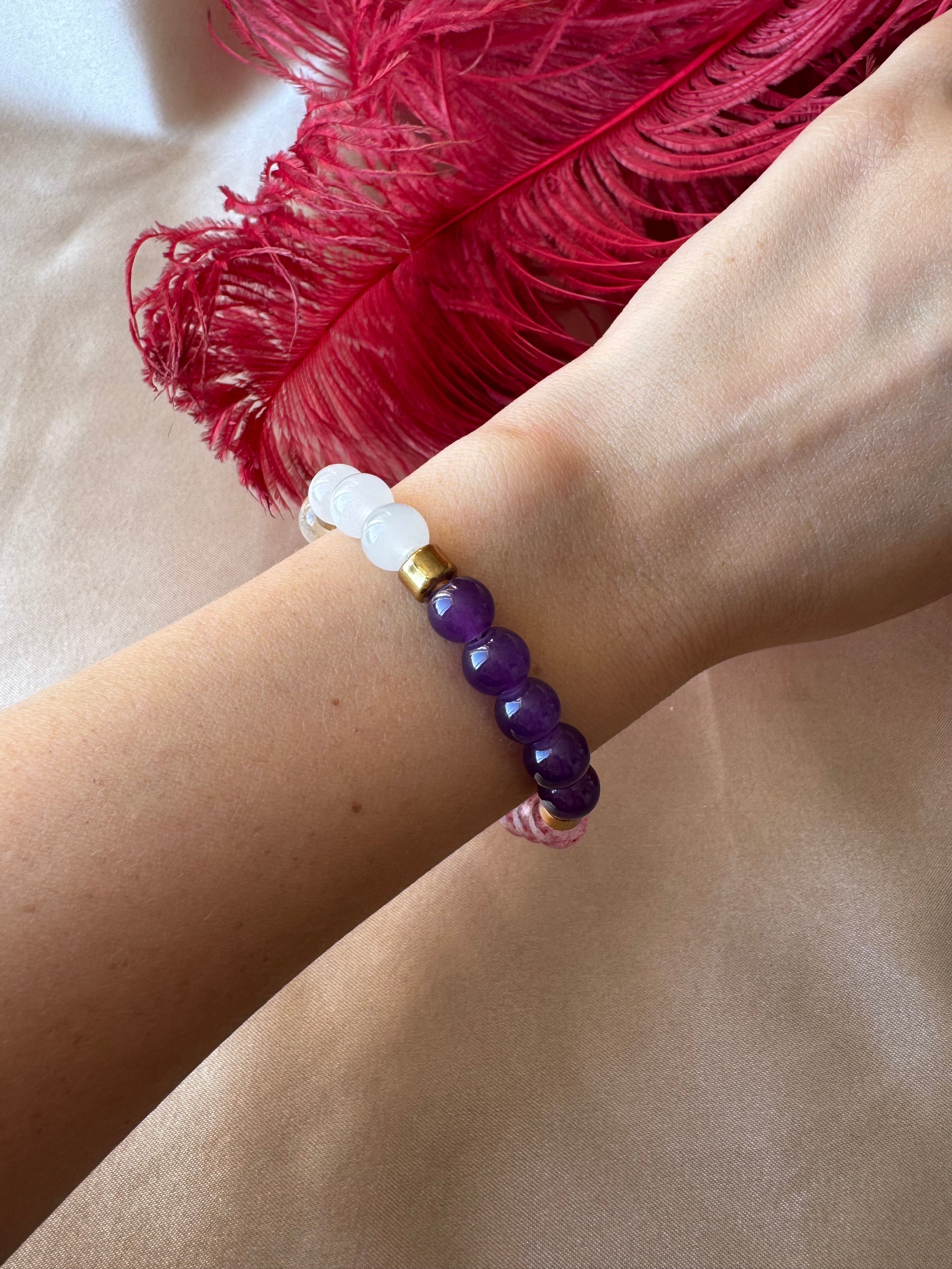 Pembe Kuvars &amp; Ametist &amp; Kristal Kuvars &amp; Sitrin &amp; Aventurin 5i Yerde Bileklik (8 mm)