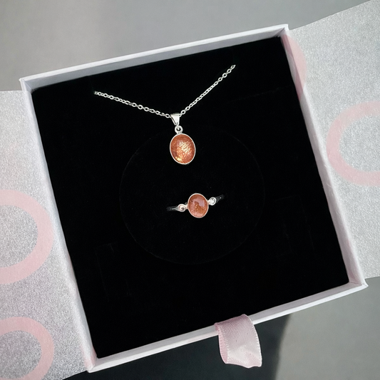 Güneş Taşı Minimal Kolye & Yüzük Set (Gümüş)