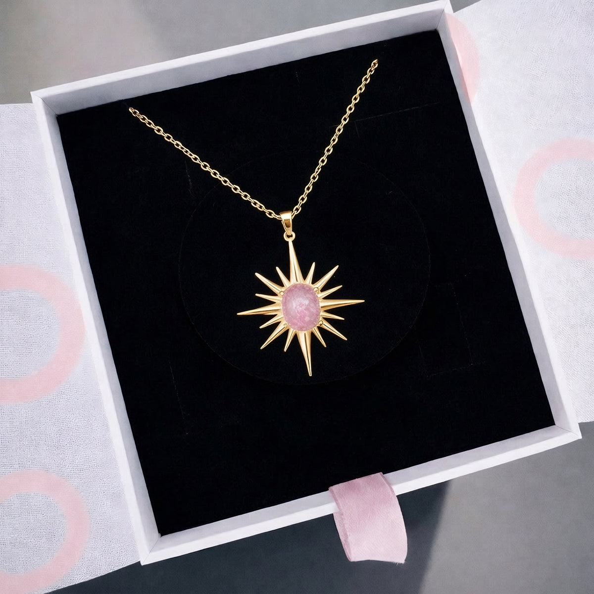 Pembe Kuvars Büyük Kuzey Yıldızı Gold Kolye