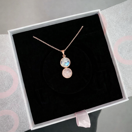 Ay Taşı & Pembe Kuvars Twin Flame Rose Gold Kolye