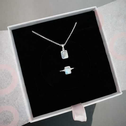 Ay Taşı Dörtgen Kolye & Yüzük Set (Gümüş)