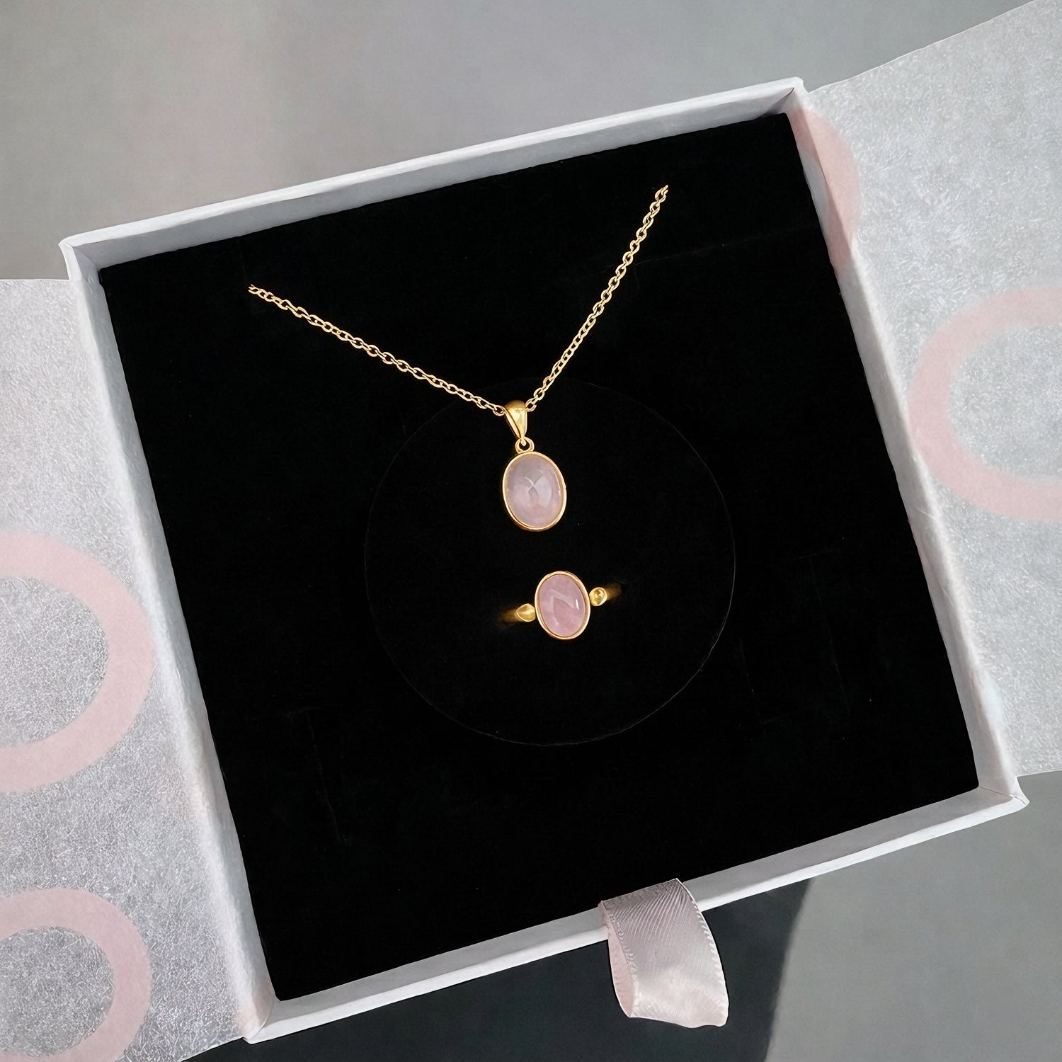 Pembe Kuvars Minimal Kolye &amp; Yüzük Set (Gold)