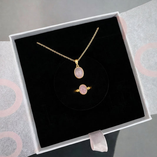 Pembe Kuvars Minimal Kolye & Yüzük Set (Gold)