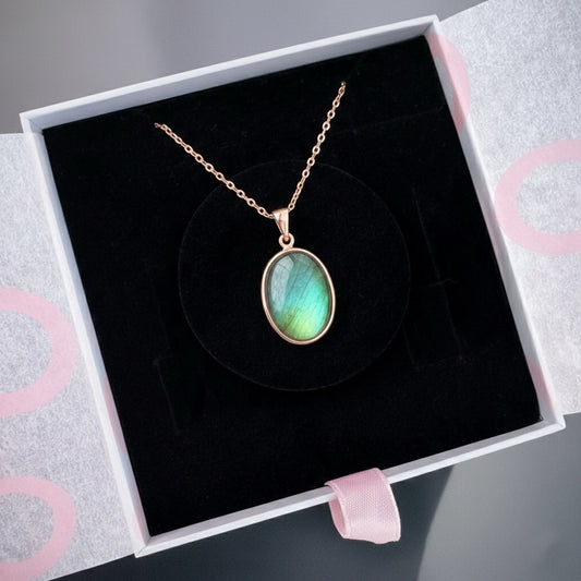 Labradorit Büyük Oval Rose Gold Kolye
