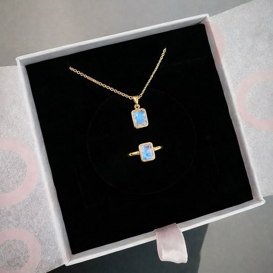 Ay Taşı Dörtgen Kolye & Yüzük Set (Gold)