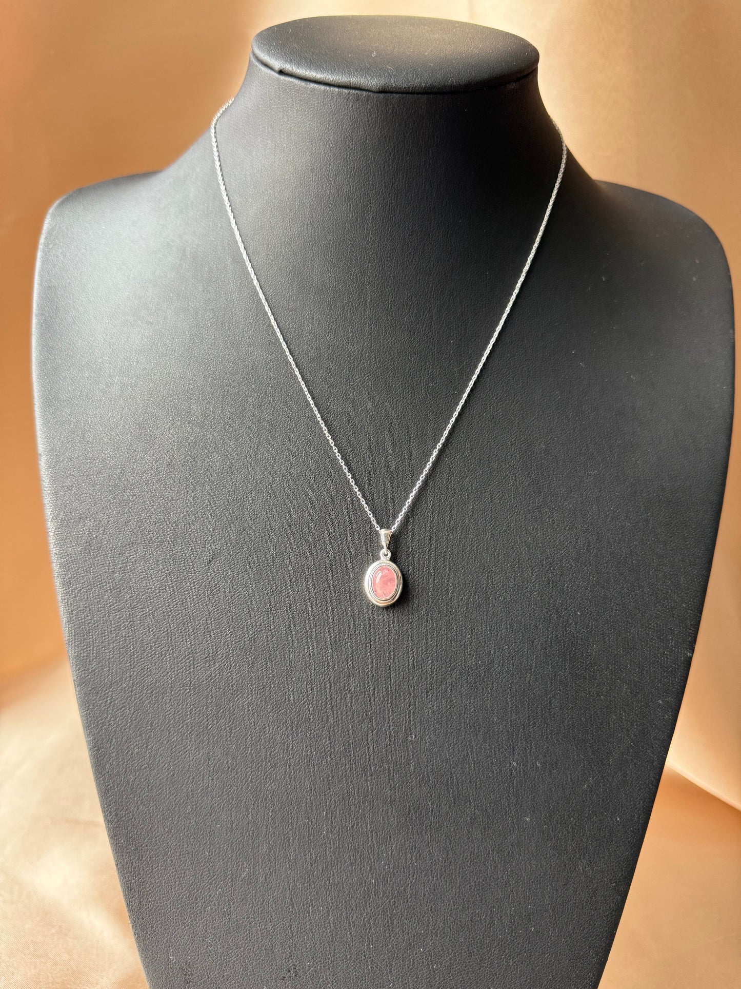 Pembe Kuvars Minimal Vintage Gümüş Kolye