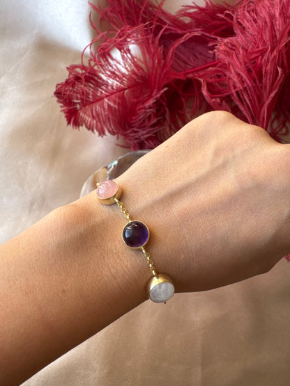 Ay Taşı &amp; Pembe Kuvars &amp; Ametist Trinity Gold Bileklik