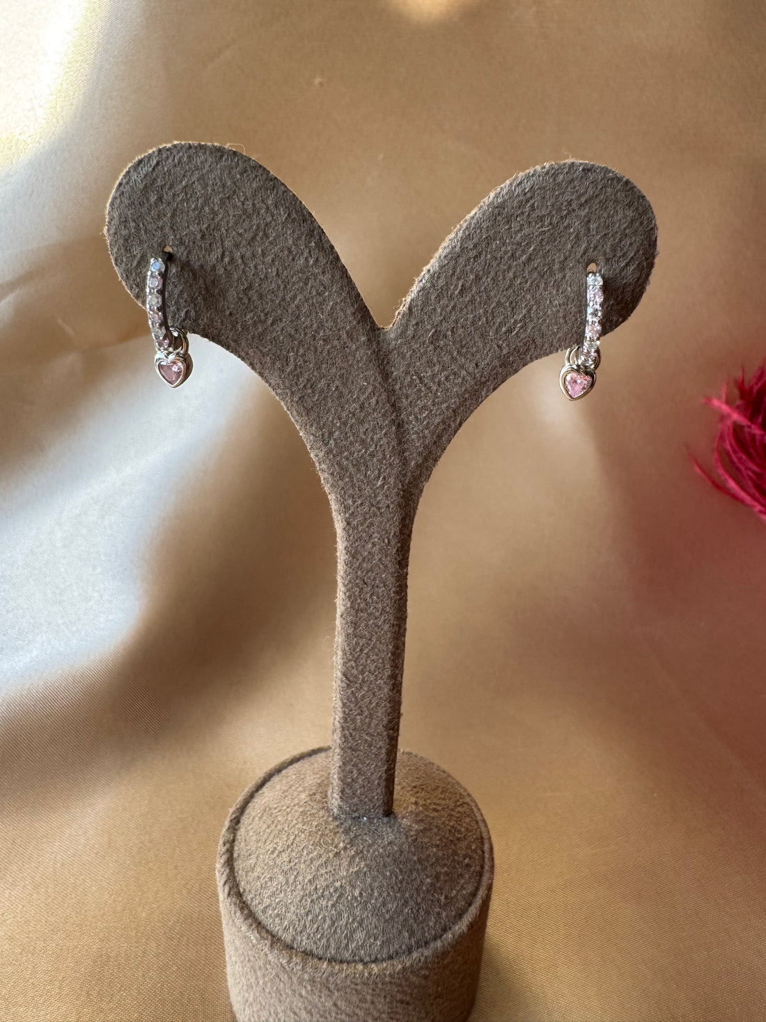 Pembe Kuvars Minimal Kalp Gümüş Küpe