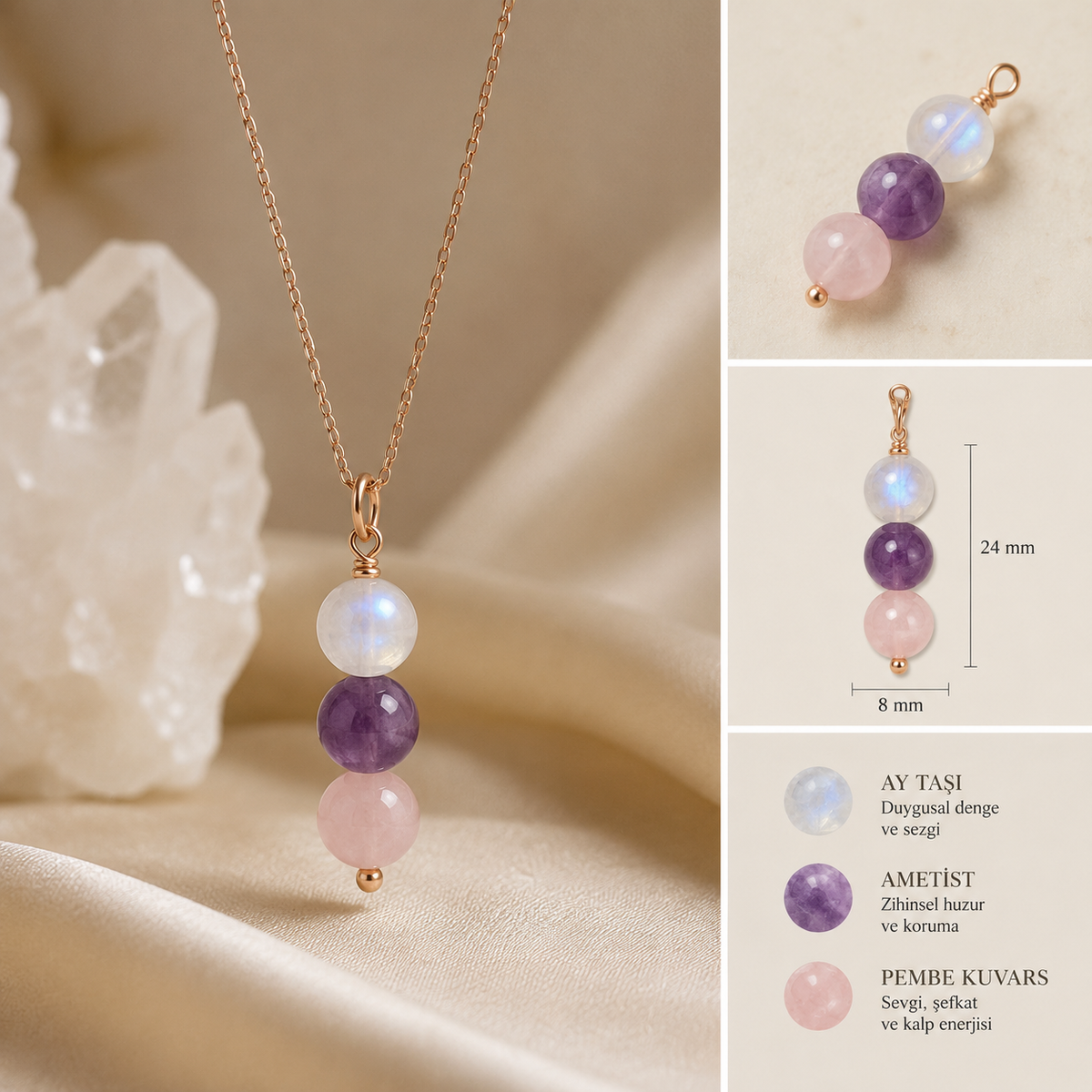 Pembe Kuvars & Ay Taşı & Ametist Trio Rose Gold Kolye