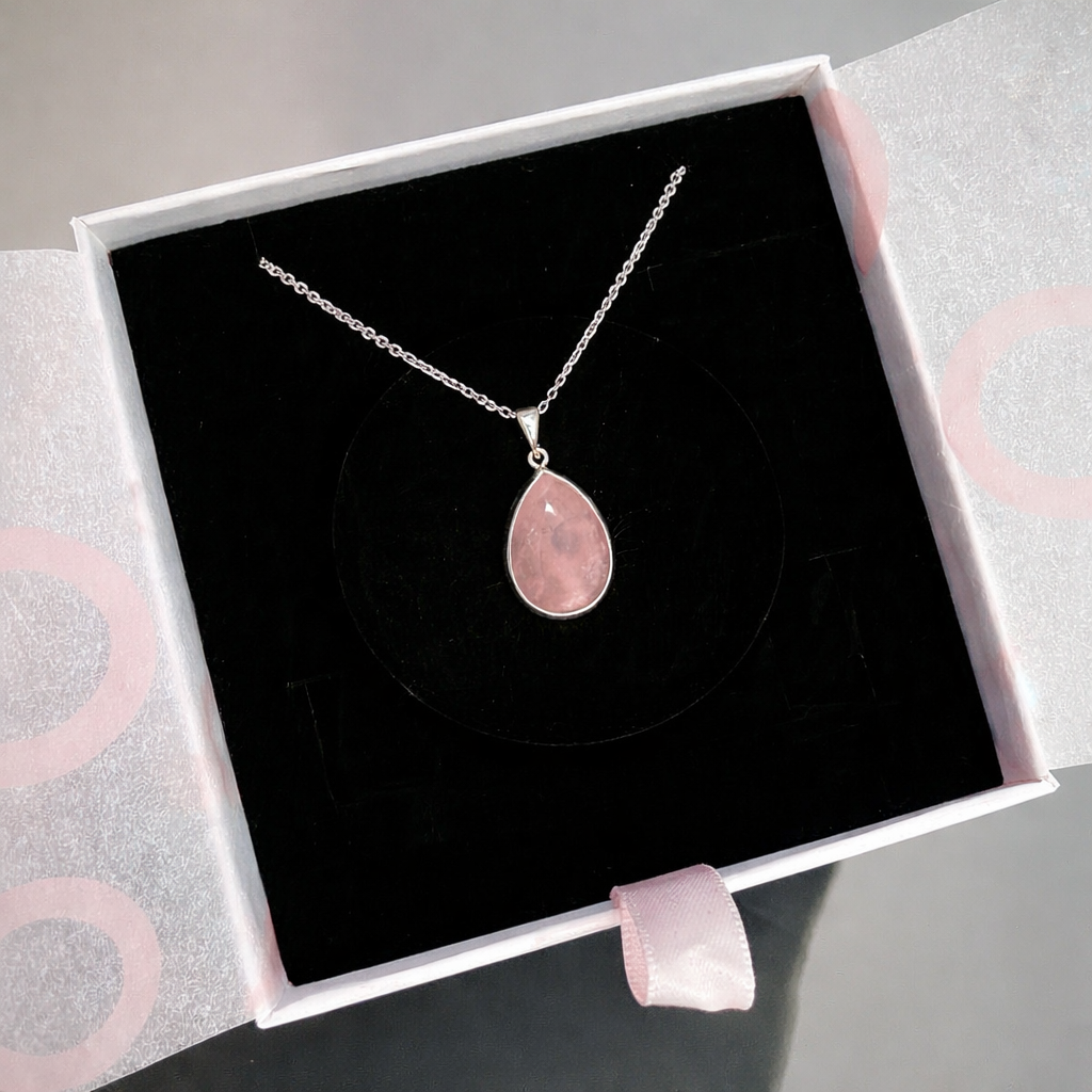 Pembe Kuvars Büyük Damla Gümüş Kolye