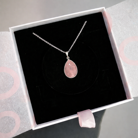 Pembe Kuvars Büyük Damla Gümüş Kolye