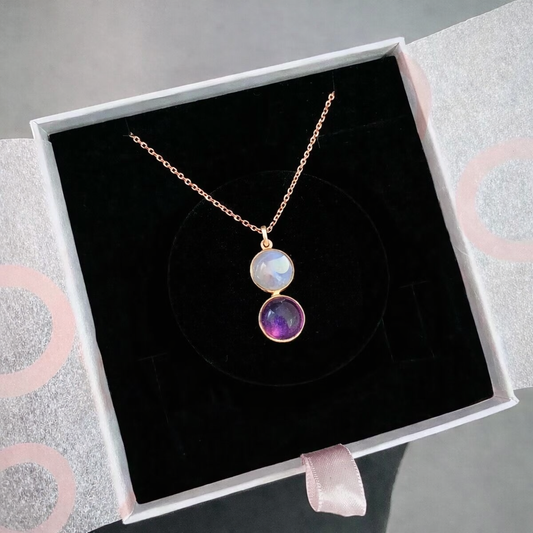 Ay Taşı & Ametist Twin Flame Rose Gold Kolye
