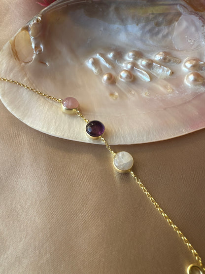 Ay Taşı &amp; Pembe Kuvars &amp; Ametist Trinity Gold Bileklik