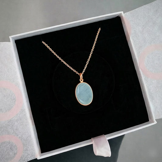 Akuamarin Büyük Oval Rose Gold Kolye