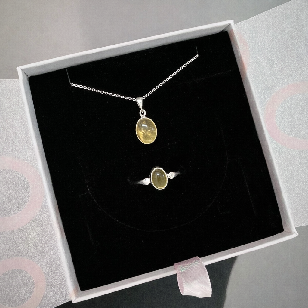 Sitrin Minimal Kolye &amp; Yüzük Set (Gümüş)
