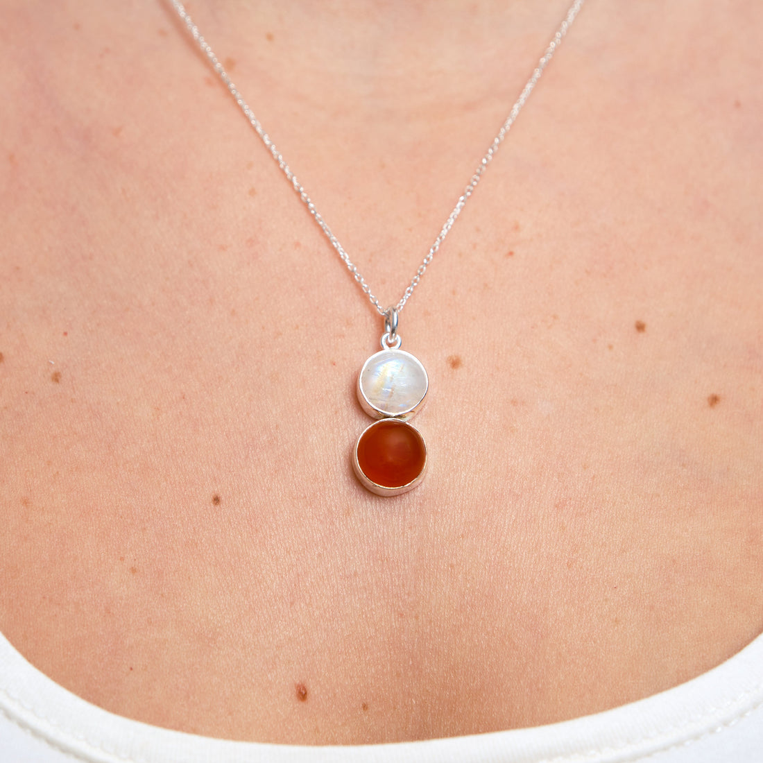 Ay Taşı &amp; Akik Twin Flame Gümüş Kolye