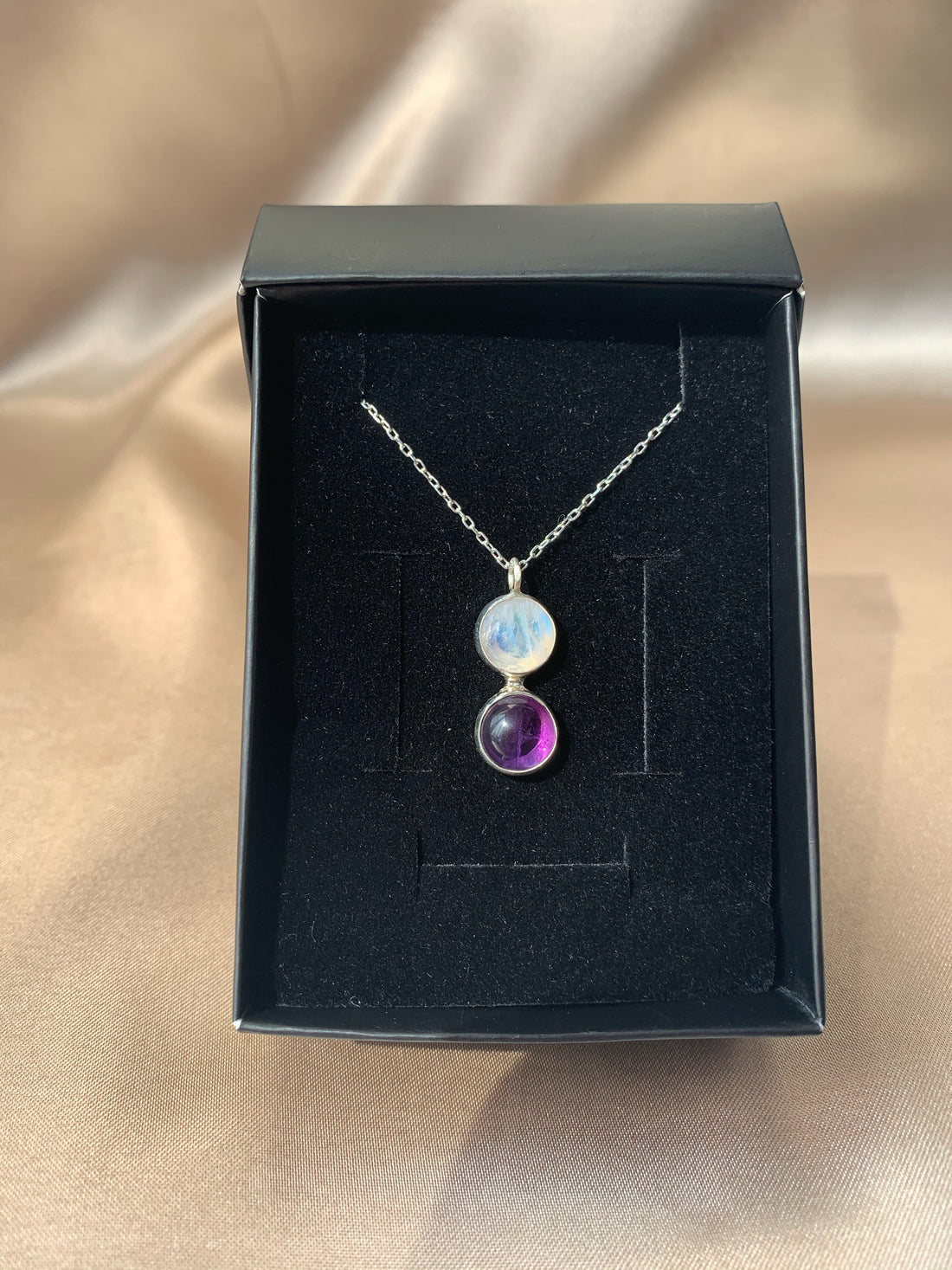 Ay Taşı & Ametist Twin Flame Gümüş Kolye
