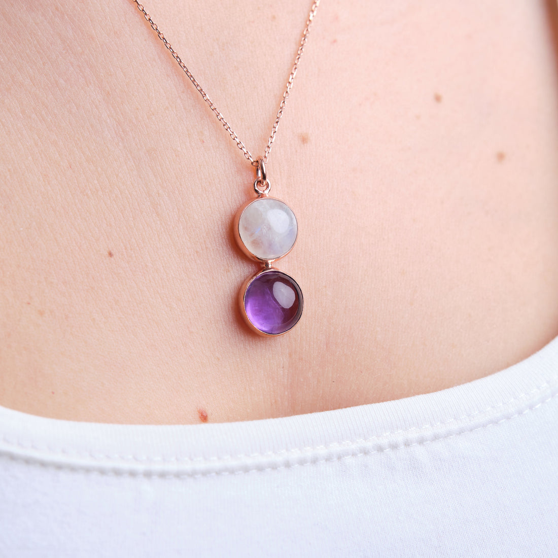 Ay Taşı &amp; Ametist Twin Flame Rose Gold Kolye
