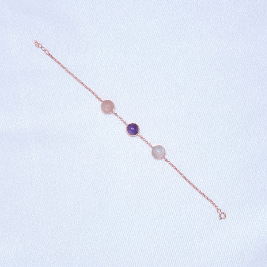 Ay Taşı &amp; Pembe Kuvars &amp; Ametist Trinity Rose Gold Bileklik