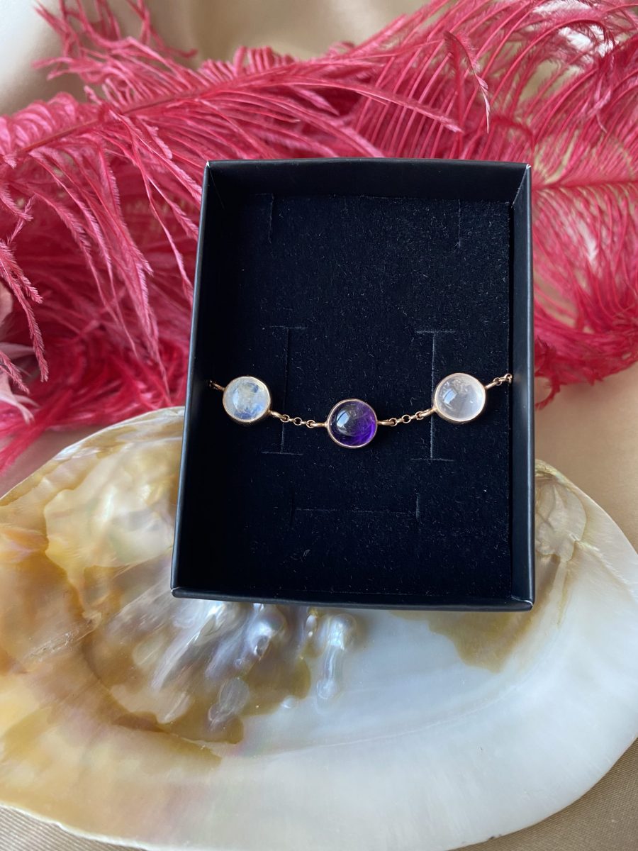Ay Taşı &amp; Pembe Kuvars &amp; Ametist Trinity Rose Gold Bileklik