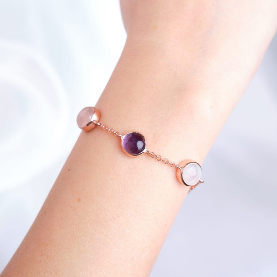 Ay Taşı &amp; Pembe Kuvars &amp; Ametist Trinity Rose Gold Bileklik