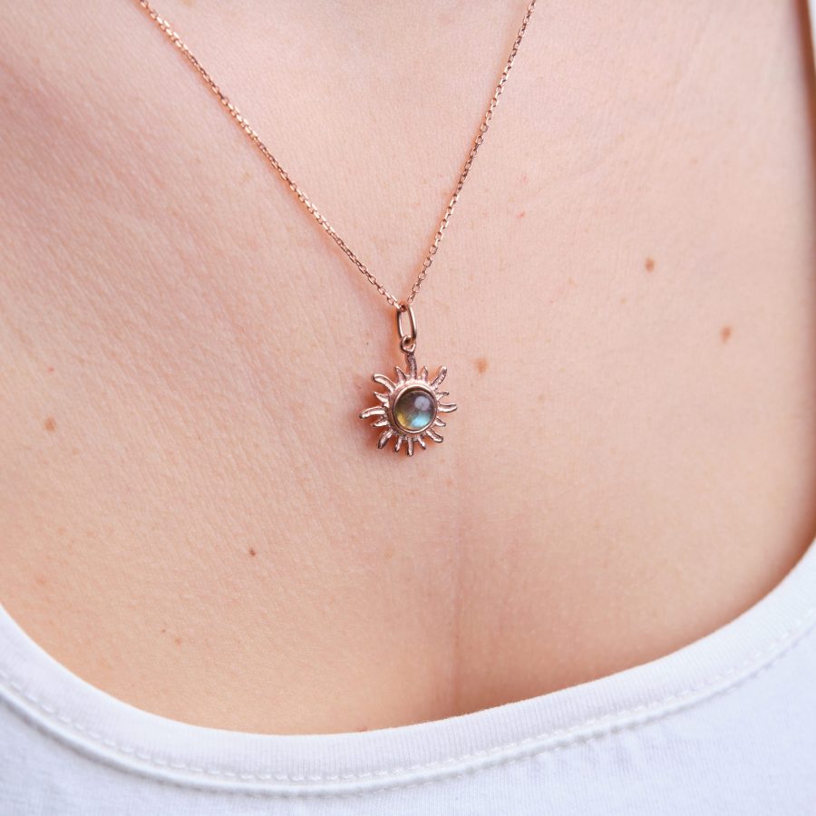 Labradorit Minimal Güneş Rose Gold Kolye