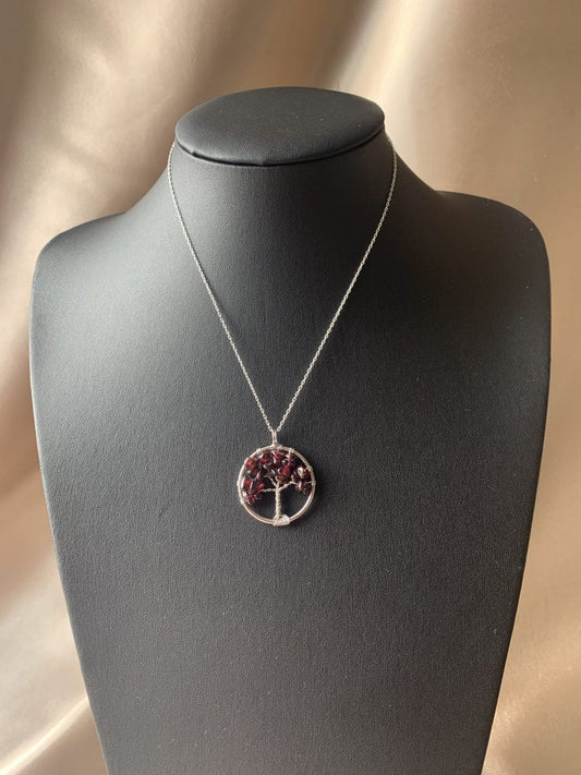 Lal Taşı (Garnet) Yuvarlak Hayat Ağacı Kolye