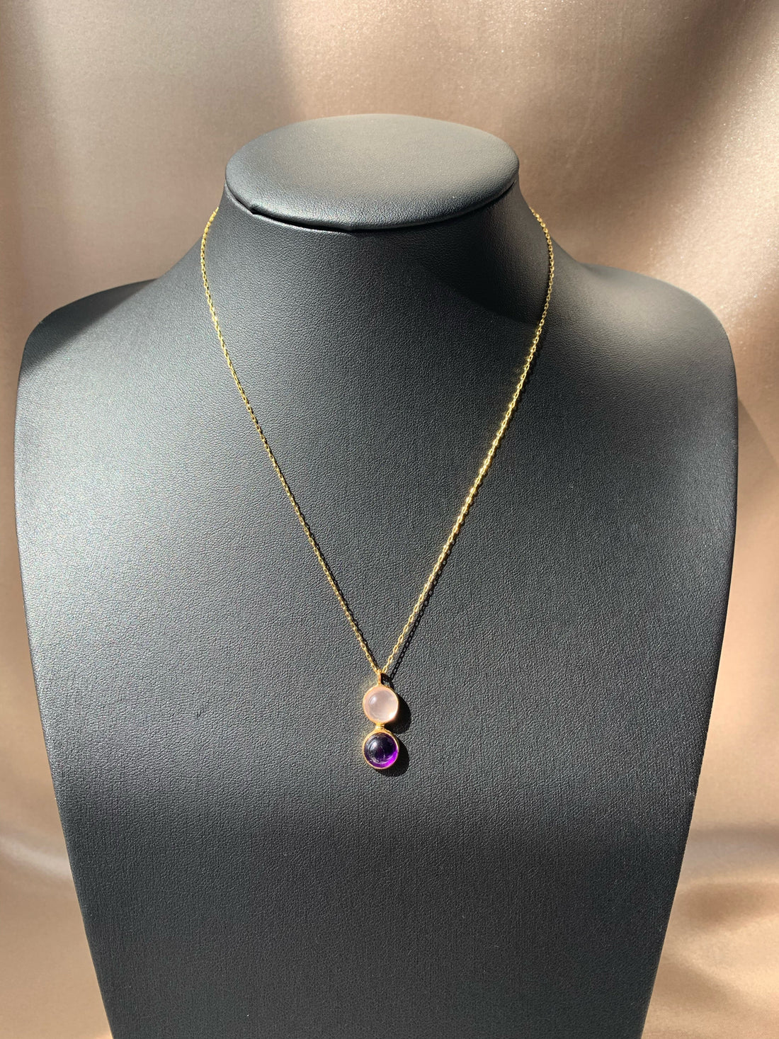 Pembe Kuvars &amp; Ametist Twin Flame Gold Kolye