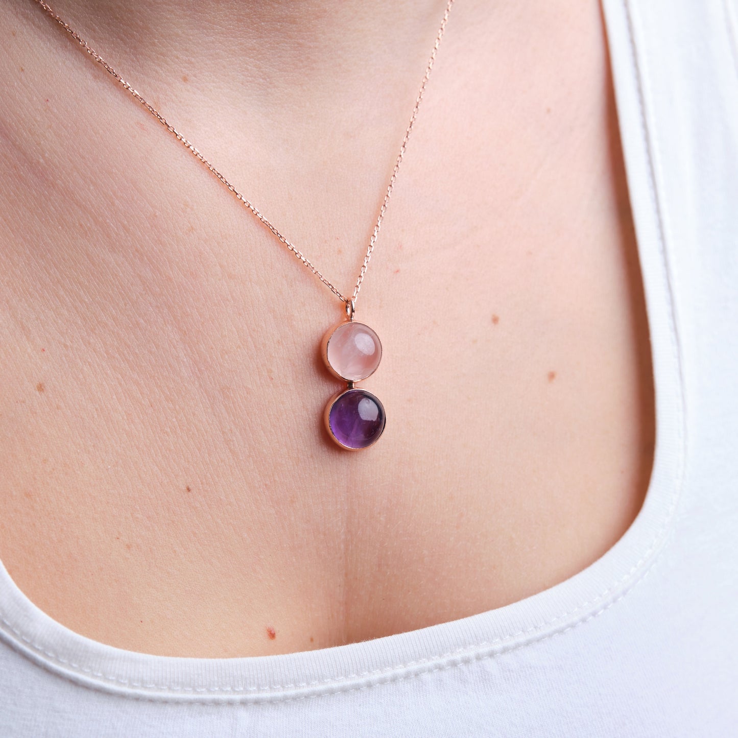 Pembe Kuvars & Ametist Twin Flame Rose Gold Kolye