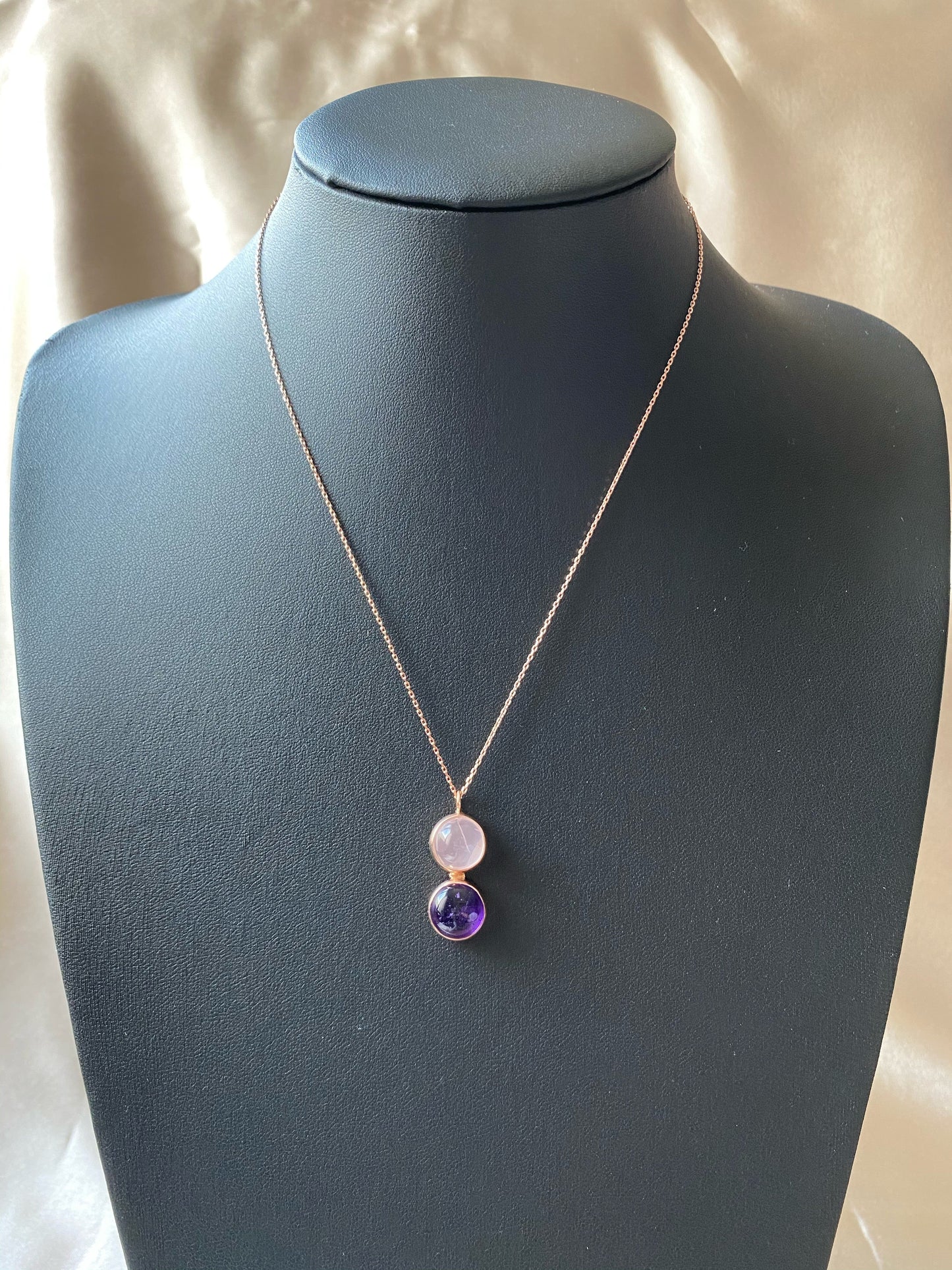 Pembe Kuvars & Ametist Twin Flame Rose Gold Kolye
