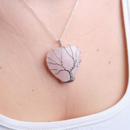 Pembe Kuvars Kalp Hayat Ağacı Kolye