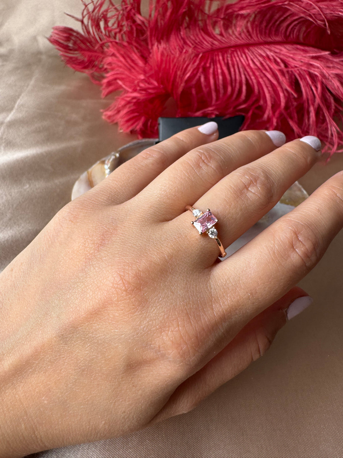 Pembe Kuvars Dikdörtgen Prenses Rose Gold Yüzük