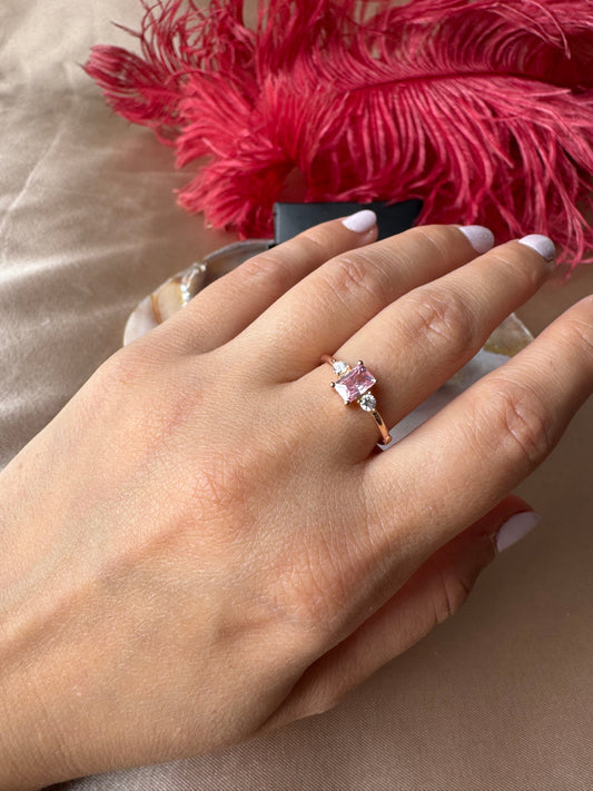 Pembe Kuvars Dikdörtgen Prenses Rose Gold Yüzük