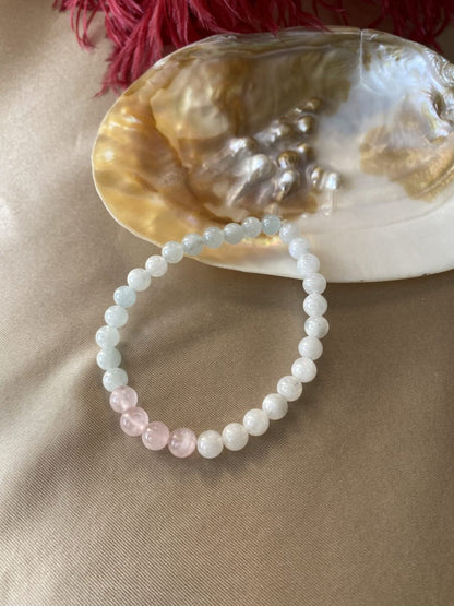 Akuamarin &amp; Ay Taşı &amp; Pembe Kuvars Su Elementi Yükseltme Bilekliği (6 mm)