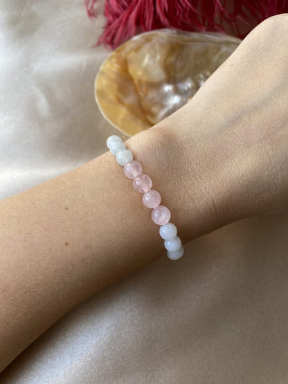 Akuamarin &amp; Ay Taşı &amp; Pembe Kuvars Su Elementi Yükseltme Bilekliği (6 mm)